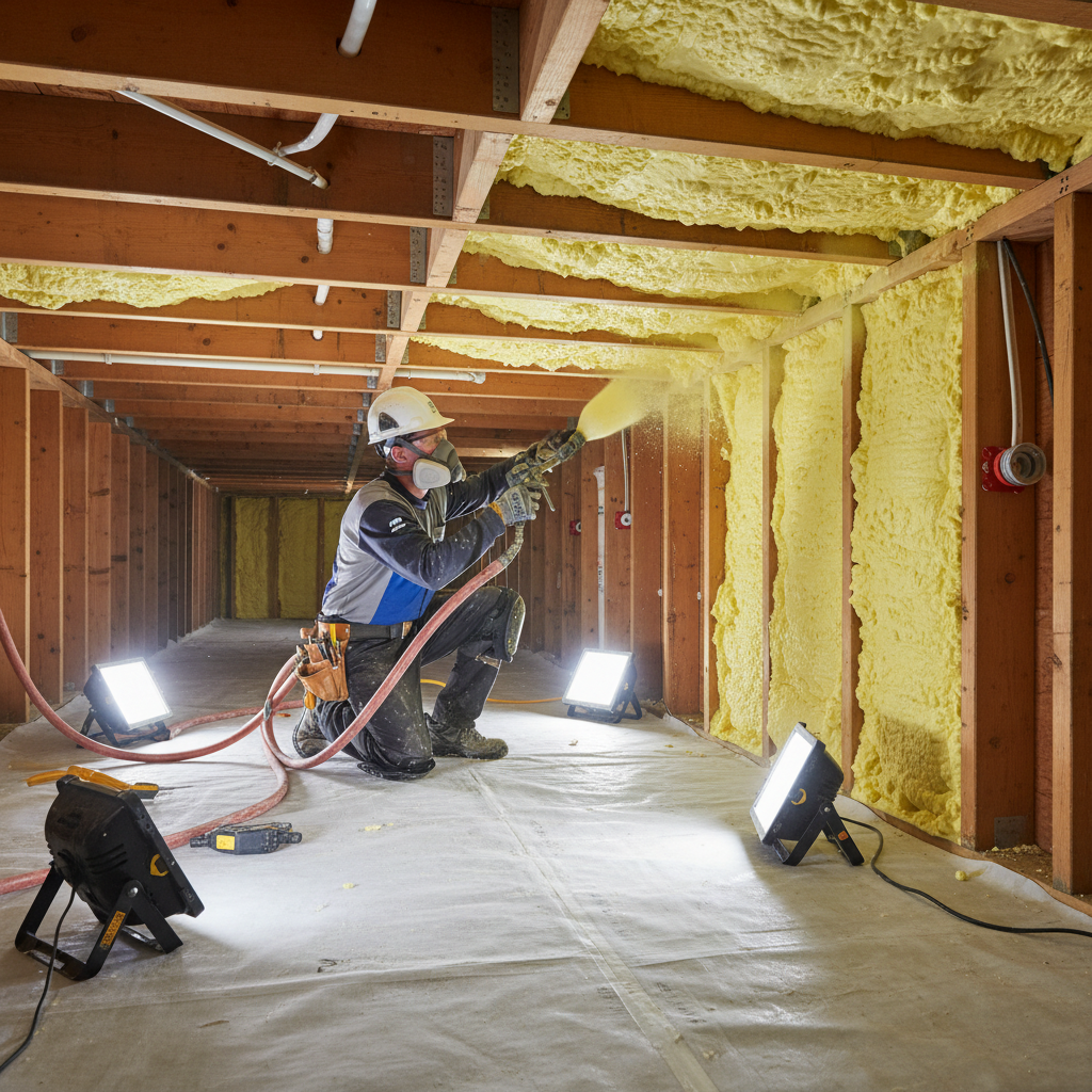 Specialist brengt hoogwaardig isolatiemateriaal aan in de kruipruimte van een woning.