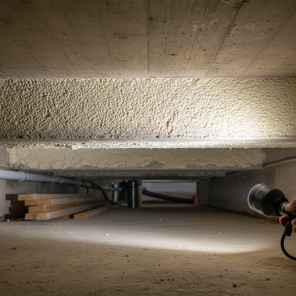 Gedetailleerde weergave van naadloze vloerisolatie tegen een betonnen kruipruimtevloer.