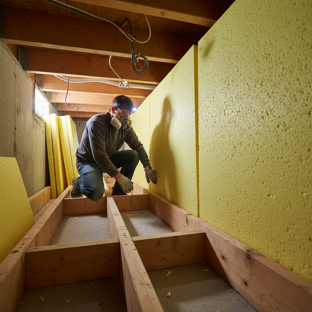 Installatie van vloerisolatie materiaal onder een begane grond.
