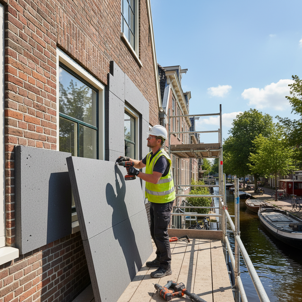Vakman bezig met het isoleren van een buitenmuur van een woning in Noord-Holland