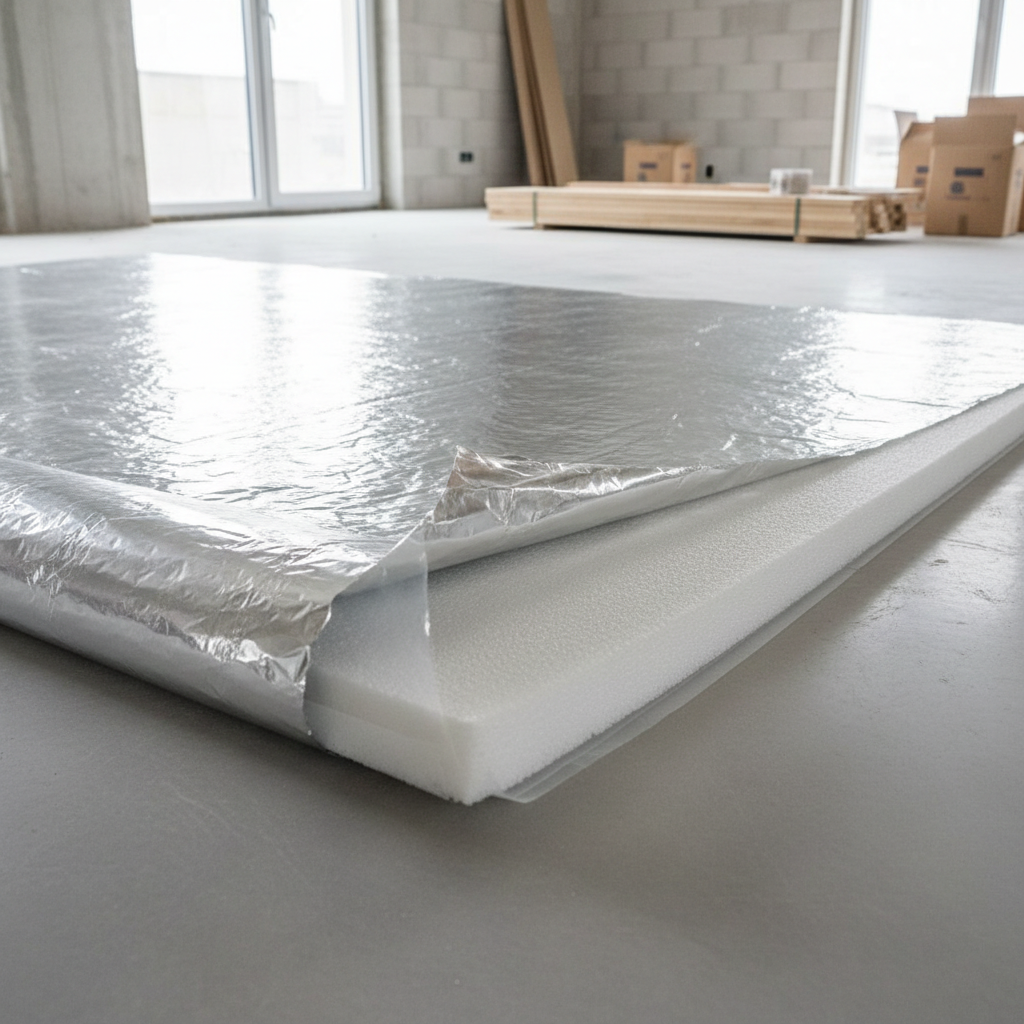 Rol thermische isolatiefolie voor een ondervloer uitgerold op een betonnen ondergrond