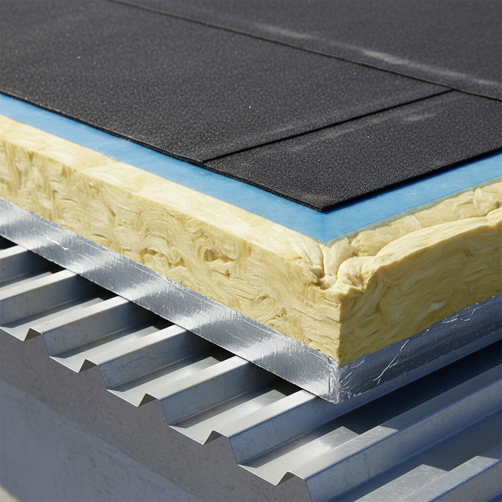 Doorsnede van een warm dak constructie met PIR isolatie en EPDM dakbedekking
