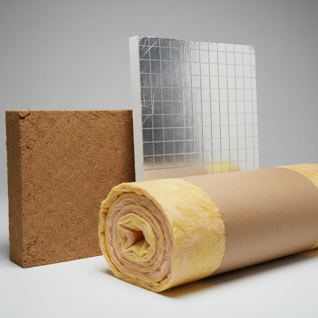 Een overzicht van verschillende soorten isolatiematerialen voor een schuin dak, zoals glaswol en PIR-platen.