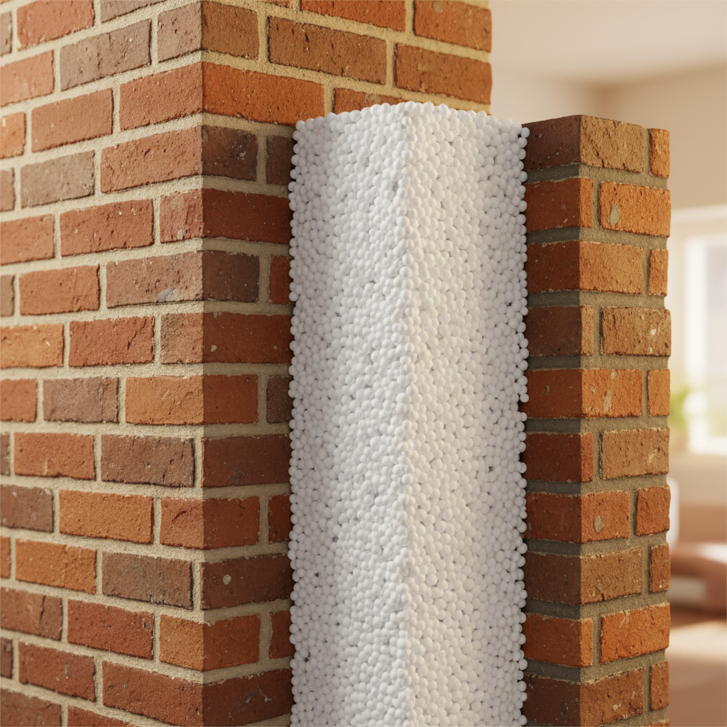 Dwarsdoorsnede van een spouwmuur gevuld met isolatiemateriaal